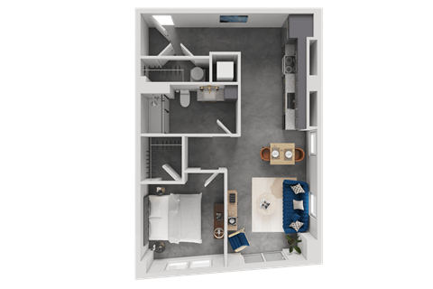 Floor plan for 1 bed, 1 bath, 713 sqft